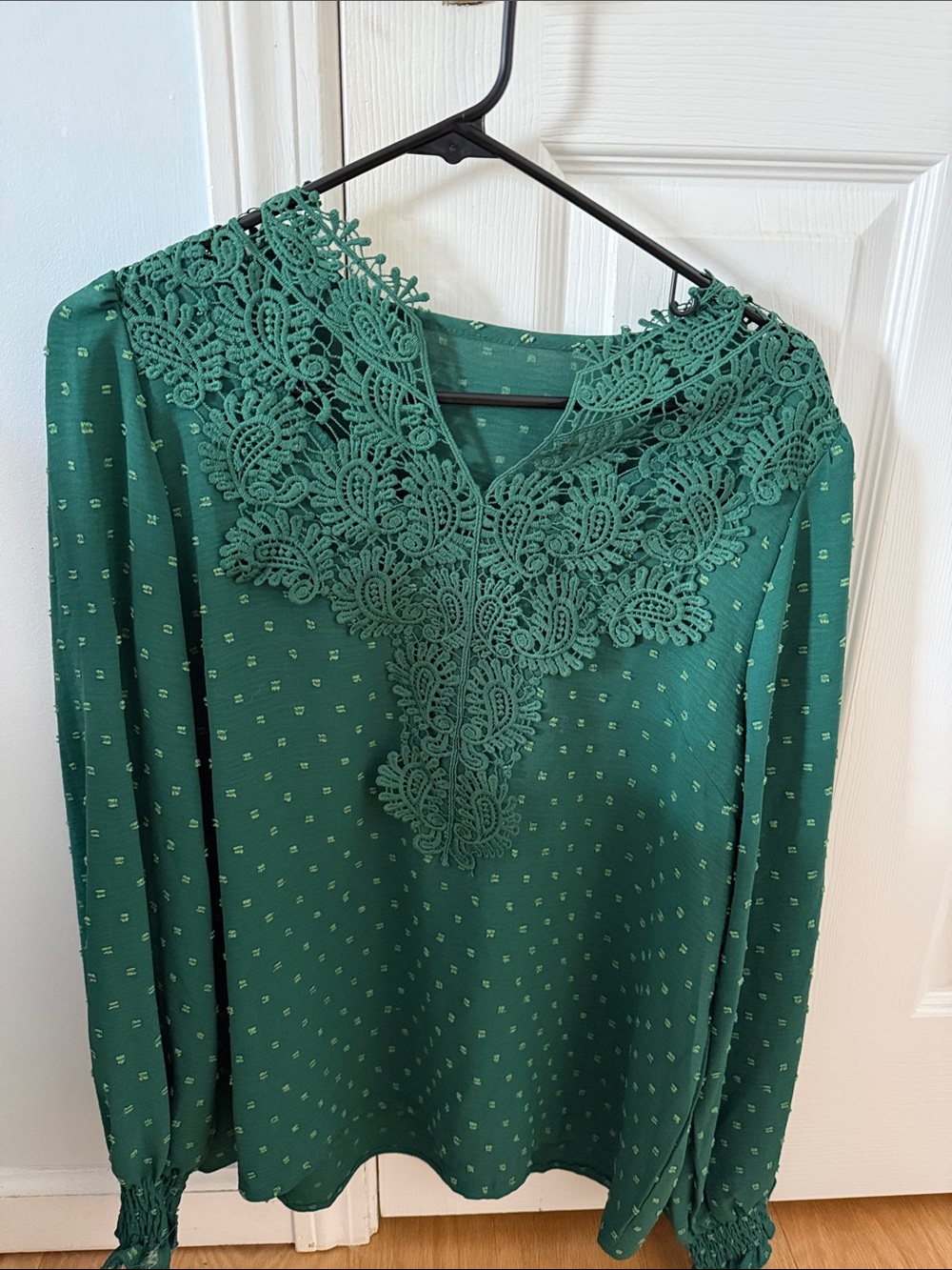 Green Lace V-Neck Peasant Blouse